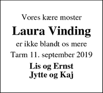 Dødsannoncen for Laura Vinding - RINGKØBING