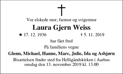 Dødsannoncen for Laura Gjern Weiss - Aarhus