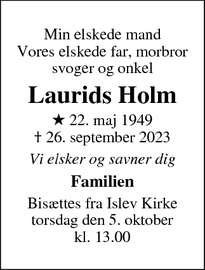 Dødsannoncen for Laurids Holm - Rødovre