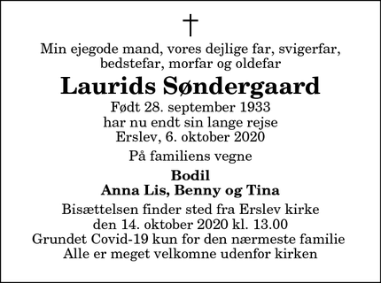 Dødsannoncen for Laurids Søndergaard - Erslev