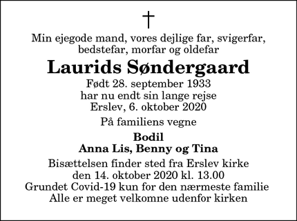 Dødsannoncen for Laurids Søndergaard - Erslev