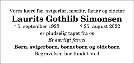 Dødsannoncen for Laurits Gothlib Simonsen - Hvornum