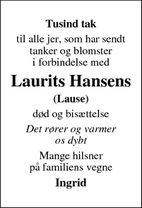 Taksigelsen for Laurits Hansen - 6310, Broager