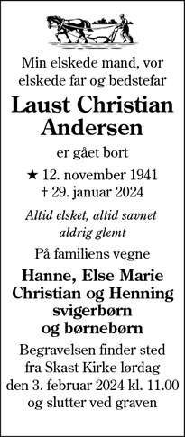 Dødsannoncen for Laust Christian Andersen - Skast