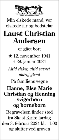 Dødsannoncen for Laust Christian Andersen - Skast