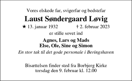 Dødsannoncen for Laust Søndergaard Løvig - Holstebro