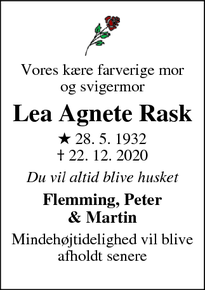 Dødsannoncen for Lea Agnete Rask - Kgs. Lyngby
