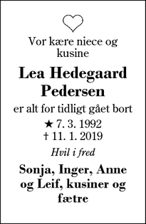 Dødsannoncen for Lea Hedegaard Pedersen - Herning