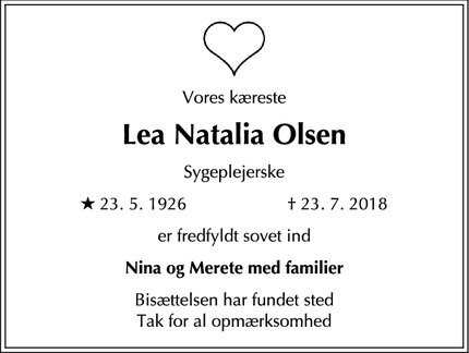 Dødsannoncen for Lea Natalia Olsen - frederiksberg