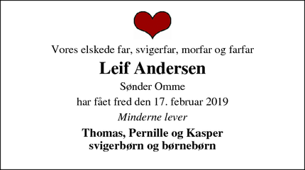 Dødsannoncen for Leif Andersen - Sønder-Omme