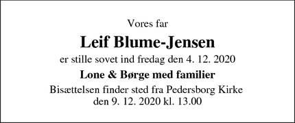 Dødsannoncen for Leif Blume-Jensen - Sorø