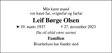 Dødsannoncen for Leif Børge Olsen - Roskilde