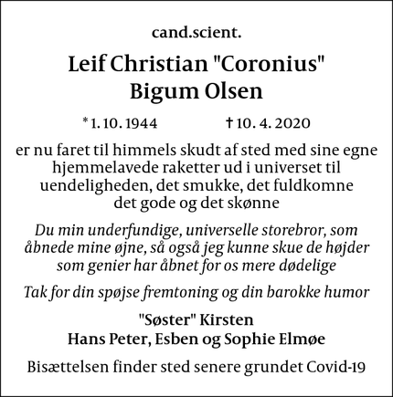 Dødsannoncen for Leif Christian "Coronius"
Bigum Olsen - København