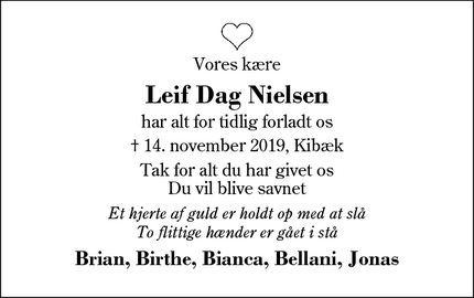 Dødsannoncen for Leif Dag Nielsen - Kibæk