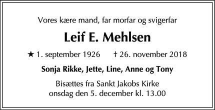 Dødsannoncen for Leif E. Mehlsen - København