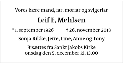 Dødsannoncen for Leif E. Mehlsen - København