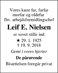 Dødsannoncen for Leif E. Nielsen - Sønderborg