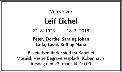 Dødsannoncen for Leif Eichel - København