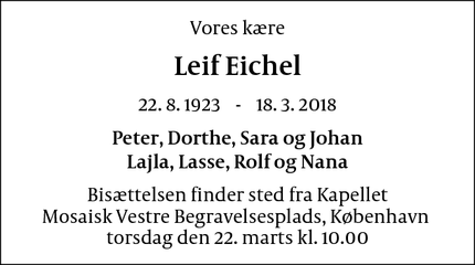 Dødsannoncen for Leif Eichel - København