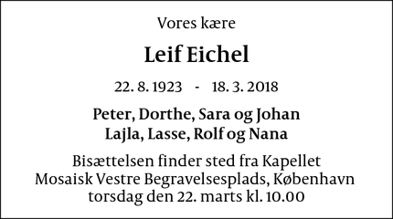 Dødsannoncen for Leif Eichel - København