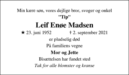 Dødsannoncen for Leif Enøe Madsen - Lunghøj, 5591Gelsted