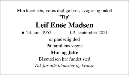 Dødsannoncen for Leif Enøe Madsen - Lunghøj, 5591Gelsted