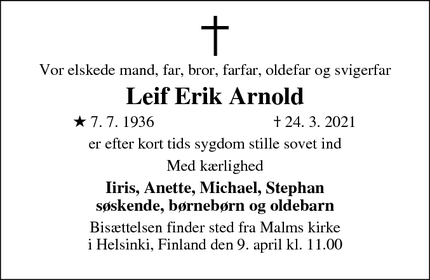 Dødsannoncen for Leif Erik Arnold - Sønderborg