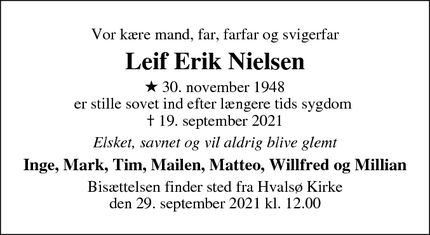 Dødsannoncen for Leif Erik Nielsen - Hvalsø