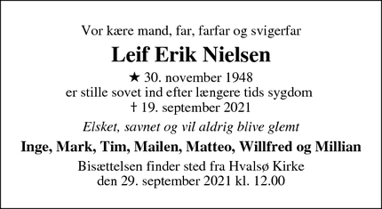 Dødsannoncen for Leif Erik Nielsen - Hvalsø