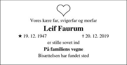 Dødsannoncen for Leif Faurum - HØRSHOLM