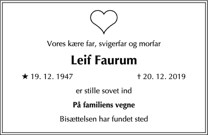 Dødsannoncen for Leif Faurum - HØRSHOLM