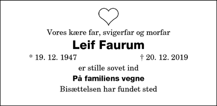 Dødsannoncen for Leif Faurum - HØRSHOLM