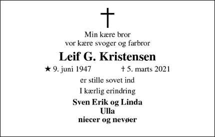 Dødsannoncen for Leif G. Kristensen - Grindsted
