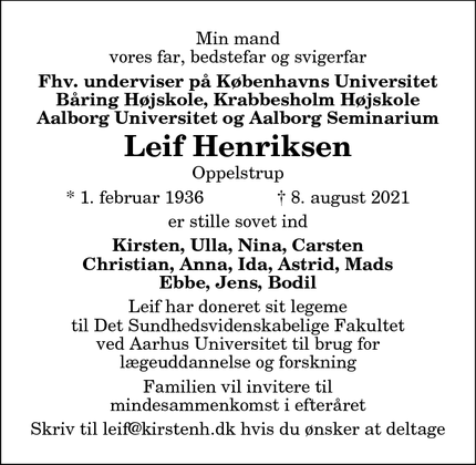 Dødsannoncen for Leif Henriksen - Gistrup