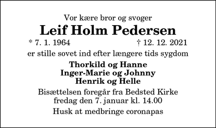 Dødsannoncen for Leif Holm Pedersen - Ganløse