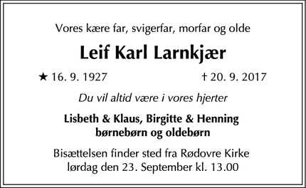 Dødsannoncen for Leif Karl Larnkjær - Rødovre