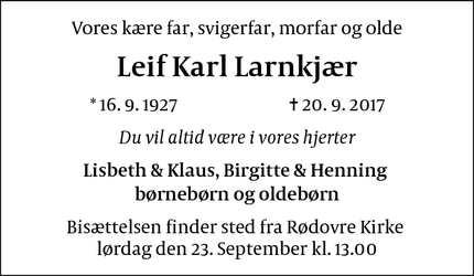Dødsannoncen for Leif Karl Larnkjær - Rødovre