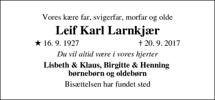 Dødsannoncen for Leif Karl Larnkjær - Rødovre