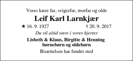 Dødsannoncen for Leif Karl Larnkjær - Rødovre