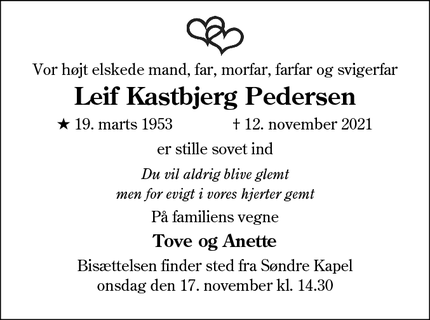 Dødsannoncen for Leif Kastbjerg Pedersen - Kolding