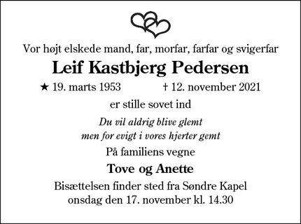 Dødsannoncen for Leif Kastbjerg Pedersen - Kolding