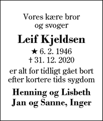 Dødsannoncen for Leif Kjeldsen - Tjørring, 7400 Herning