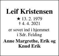 Dødsannoncen for Leif Kristensen - Sønder Felding