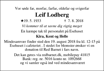 Dødsannoncen for Leif Lodberg - Sædding