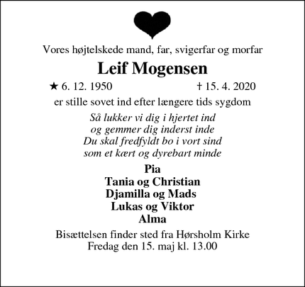 Dødsannoncen for Leif Mogensen - Vedbæk