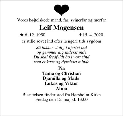 Dødsannoncen for Leif Mogensen - Vedbæk