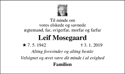 Dødsannoncen for Leif Mosegaard - København S