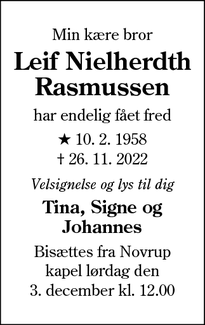 Dødsannoncen for Leif Nielherdth Rasmussen - Esbjerg