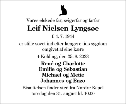 Dødsannoncen for Leif Nielsen Lyngsøe - Kolding