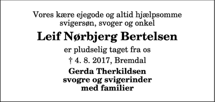 Dødsannoncen for Leif Nørbjerg Bertelsen - Bremdal